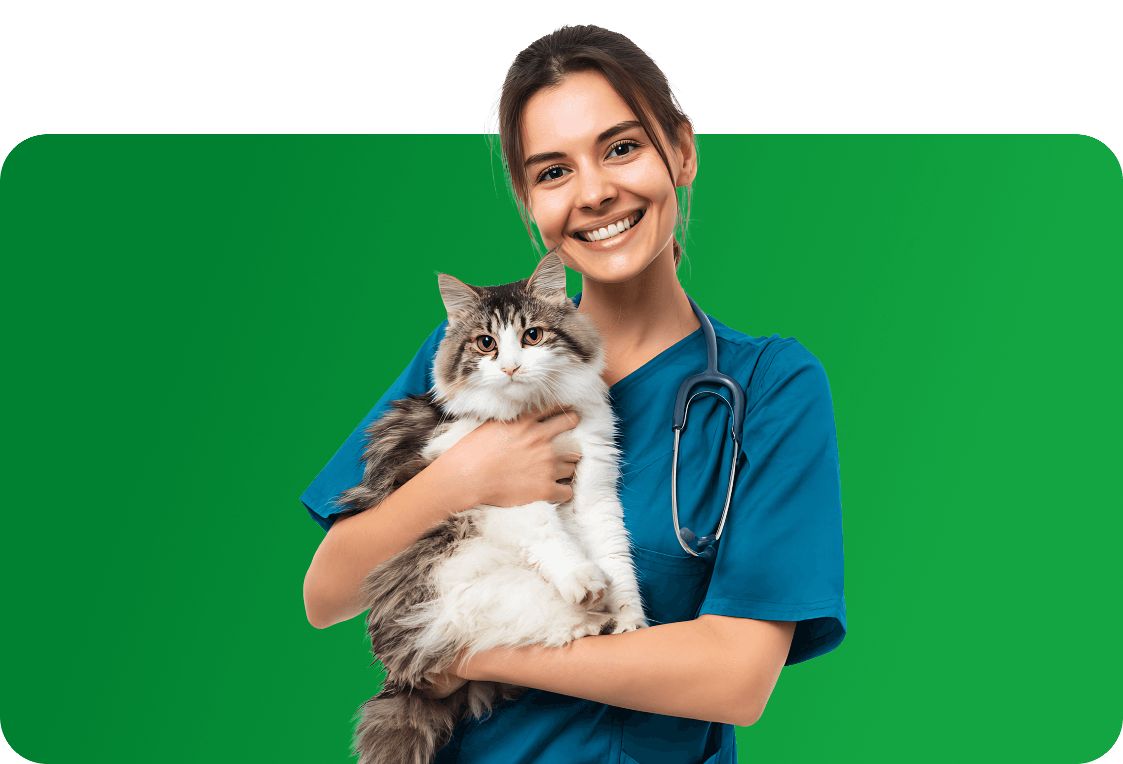 Image of a woman holding a cat with a green background