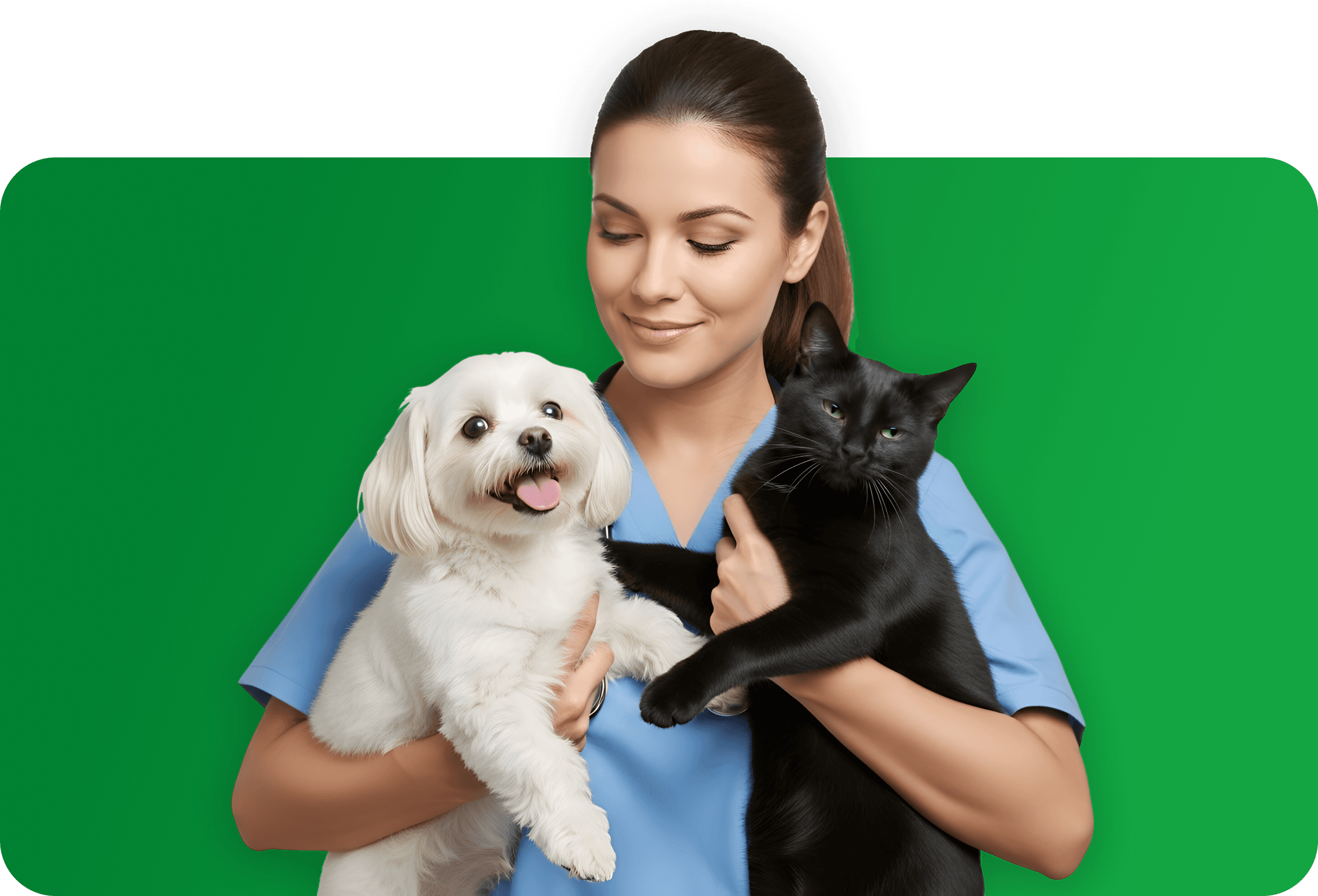 Image of a woman holding a cat and a dog with a green background